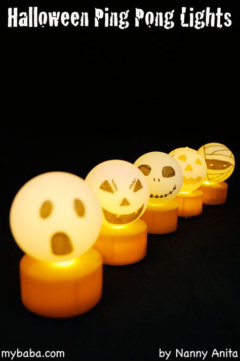 Halloween Ping Pong Lights | My Baba Ping Pong Tea Light, Ping Pong Ball Lights, Tea Light Halloween Craft, Ping Pong Ball Tea Lights, Halloween Crafts Teens, Ping Pong Ball Crafts, Halloween Curriculum, Halloween Crafts For Teens, Ping Pong Lights