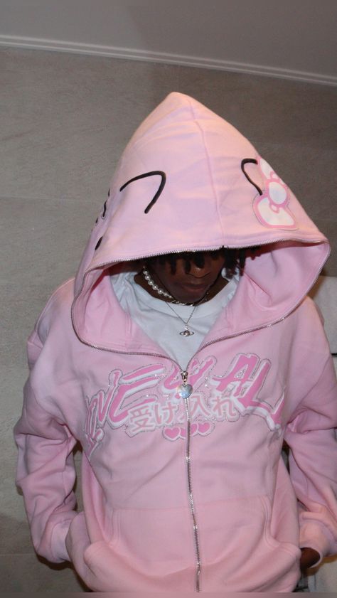 Pink Zip Up Hoodie Outfit Y2k Men, Pink Rhinestone Zip Up Hoodie, Hoodies Pink Aesthetic, Hello Kitty Zip Up, Zip Up Hoodie Drawing, Pink Y2k Hoodie, Hello Kitty Y2k Outfit, Vlone Clothing, Y2k Outfits Pink