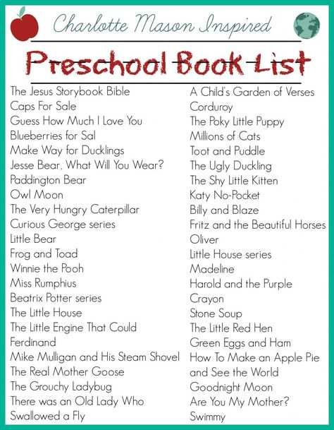 Charlotte Mason inspired preschool book list Preschool List Of Supplies, Charolette Mason Book List, Preschool School Supply List, Homeschool Library, Charlotte Mason Preschool, Toddler Book, Teach Preschool, Charlotte Mason Homeschool, Jesus Book