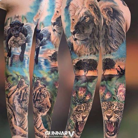 Tattoo Perna, Jungle Tattoo, Animal Sleeve Tattoo, Lion Tattoo Sleeves, African Tattoo, Full Leg Tattoos, Petit Tattoo, Tattoo Leg, Sweet Tattoos