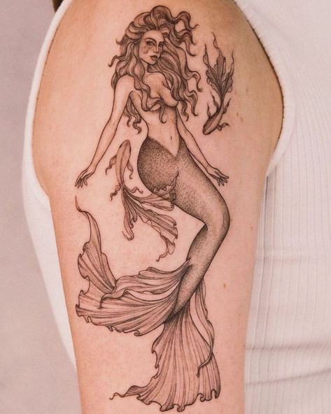 Siren Tattoo Shop Elegant Mermaid Tattoo, Detailed Mermaid Tattoo, Pretty Mermaid Tattoo, Curly Hair Mermaid Tattoo, Scary Mermaid Tattoo, Mermaid Tattoo Designs Sirens, Mermaid Tattoo Drawing, Mermaid Back Tattoo, Greek Mythology Sirens