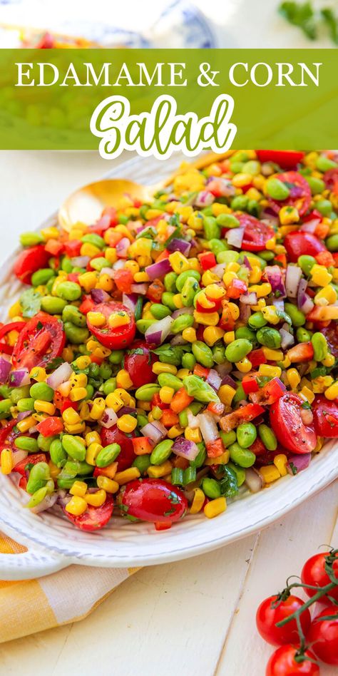 This is my favorite potluck salad for summer! It's a fresh edamame and corn salad loaded with healthy vegetables and tons of flavor from a simple dressing that is out of this world amazing! You must try this easy salad recipe! Edamame Salad With Cilantro Lime Dressing, Corn Edamame Salad, Edamame Corn Salad, Salad For Summer, Edamame Recipes, Potluck Salad, Avocado Salad Dressing, Edamame Salad, Vegetable Salad Recipes