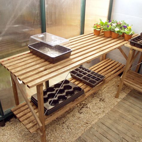 Trestle Staging Ideal for polytunnels and greenhouses Greenhouse Staging Diy, Greenhouse Staging Ideas, Stylish Greenhouse, Greenhouse Shelving Ideas, Diy Greenhouse Shelves, Greenhouse Shelving, Greenhouse Tables, Serre Diy, Greenhouse Staging