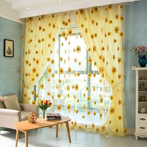 Yellow Room Decor, Sunflower Curtains, Sunflower Room, Small Window Curtains, Yellow Room, Tulle Curtains, Yellow Bedroom, Cozy Room Decor, Decoration Inspiration