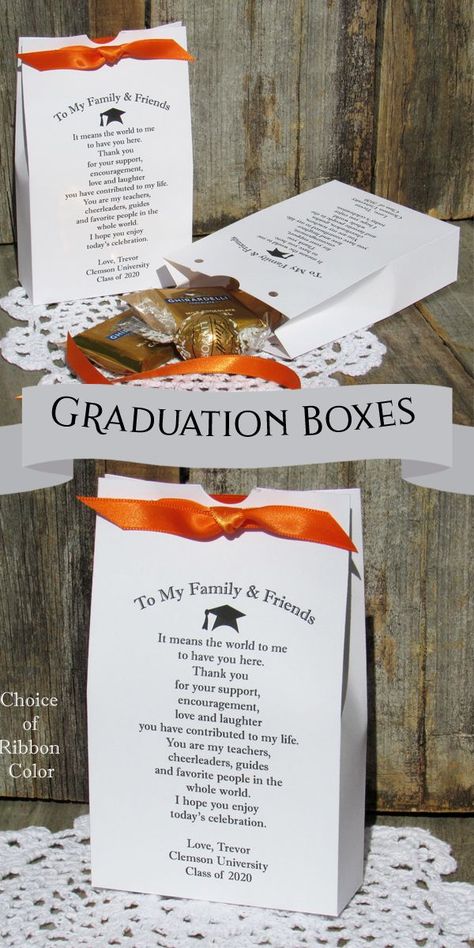 Our graduation favor boxes are personalized with a special message from the graduate.  Perfect for candy or goodies to give your guests and thank them for coming to your graduation party.  #graduationparty #graduationpartyfavors #graduationfavorboxes #abeyandizziedesigns High School Graduation Goodie Bag Ideas, Graduation Party Souvenirs Gift Ideas, Party Favor Graduation, Graduation Party Favors For Guests Ideas, Grad Party Goodie Bags, Graduation Thank You Ideas, Teacher Graduation Party College, Advice Box Graduation, Graduation Gift Bags For Guests