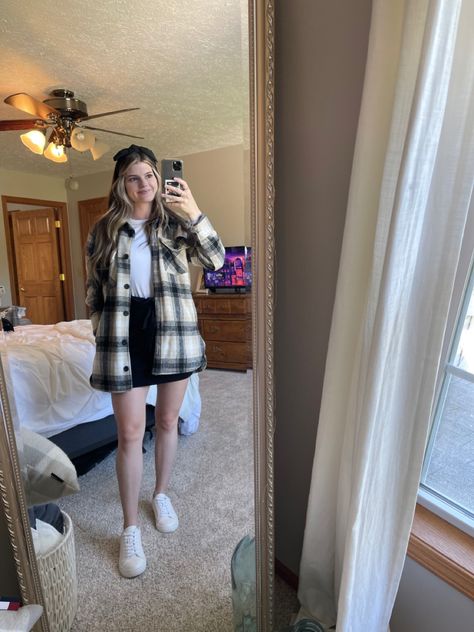 Shacket And Skirt Outfit, Shacket With Skirt, Skirt With White Sneakers, Cute Fall Fashion, Shacket Outfit, Shop The Outfit, Plaid Shacket, Ootd Fall, The Outfit