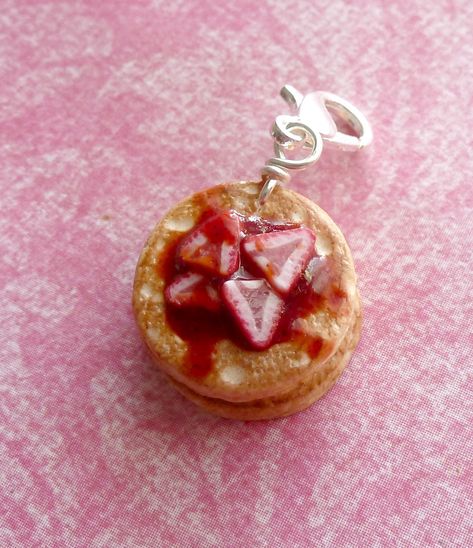 "Strawberry Pancakes Miniature Food Jewelry Polymer Clay Charms Polymer Clay Pancakes *This listing is for one Strawberry Pancake charm.* Three fluffy buttermilk strawberry pancakes topped with fresh strawberries and strawberry syrup! ~handmade by me without a mold using polymer clay ~charm measures 5/8\" and comes on a silver lobster clasp (if you prefer gold findings for your charm instead just send me a message in the\"notes\" section and let me know!) If you are gifting this charm and would Strawberry Pancake Topping, Clay Pancakes, Polymer Clay Gift Ideas, Strawberry Pancake, One Strawberry, Strawberry Pancakes, Jewelry Polymer Clay, Miniature Food Jewelry, Food Charms