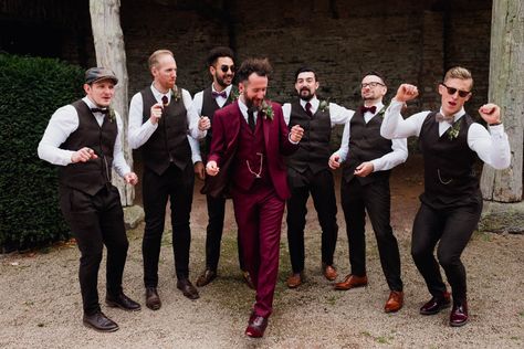 Outdoor Wedding at Dewsall Court with Dreamcatchers & Rue de Seine Gown Groom In Burgundy, Winter Wedding Groom, Wedding Groom And Groomsmen, Boho Wedding Groomsmen, Wedding Wallpaper, Wedding Groomsmen Attire, Groom Wedding Attire, Maroon Wedding, Boho Bridal Gowns