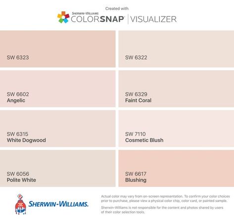 I found these colors with ColorSnap® Visualizer for iPhone by Sherwin-Williams: Romance (SW 6323), Angelic (SW 6602), White Dogwood (SW 6315), Polite White (SW 6056), Intimate White (SW 6322), Faint Coral (SW 6329), Cosmetic Blush (SW 7110), Blushing (SW 6617). Silver Peony Sherwin Williams, Bedroom Extension, Pink Paint Colors, Sherwin Williams Paint Colors, Pink Paint, Interior Paint Colors, Matching Paint Colors, Window Pane, Bedroom Paint