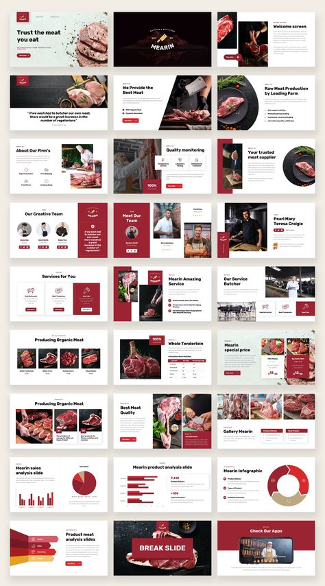 Butcher & Meat Farm PowerPoint Template. 40+ Unique Slides. Butcher Meat, Cafe Shop Design, Powerpoint Design Templates, Powerpoint Presentation Design, Presentation Design Template, Chicken Food, Brand Book, Company Meals, Keynote Presentation