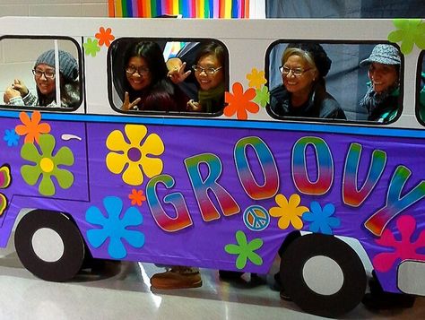 70s Theme Parade Float, Vw Bus Photo Prop, 70s Theme Float, 70s Parade Float, 70s Float Parade, 50th Birthday 70s Theme, Groovy Parade Float Ideas, 60s Party Decorations Diy, 70s Parade Float Ideas