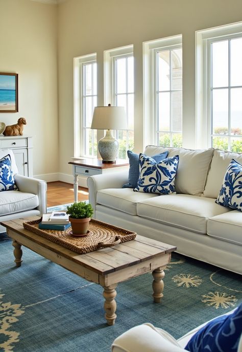 Coastal Style Decorating ideas, Coastal Style Decorating Blue Coastal Living Room, Coastal Cottage Living Room, Coastal Style Living Room, Blue And White Living Room, Coastal Style Decorating, White Furniture Living Room, Room On A Budget, White Sofa, Cottage Living Rooms