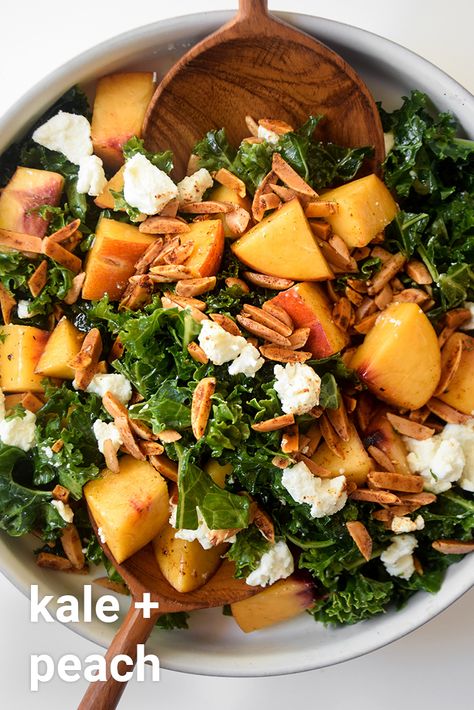 Peach Kale Salad, Kale Peach Salad, Kale And Manchego Salad, Kale And Peach Salad, Kale Salad Goat Cheese, Kale Sweet Potato Goat Cheese Salad, September Dinner, Peach Goat Cheese, Spicy Almonds