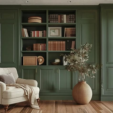 Warm Dark Green Paint Colors, Sw Vogue Green, Vogue Green Sherwin Williams, Sherwin Williams Vogue Green, Dark Green Bookshelf, Rookwood Shutter Green, Green Built Ins, Moody Green Paint Colors, Warm Green Paint Colors