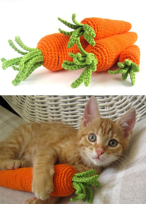 Crocheted Carrots - Free Pattern Knitting Cat Toys, Free Crochet Cat Toy Patterns, Crochet Pet Toys Free Pattern, Cat Toy Crochet Pattern, Crochet Catnip Toys Free Pattern, Crochet Catnip Toy, Crochet Things For Cats, Cat Toy Crochet Pattern Free, Crochet Cat Toys Free Pattern Easy