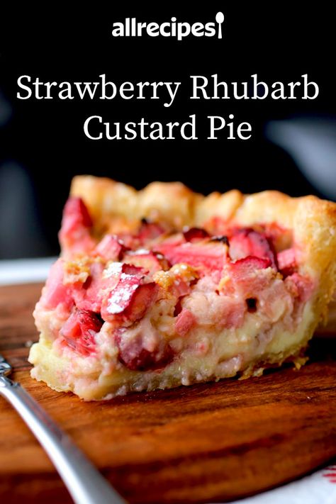 Strawberry Rhubarb Custard Pie | "Everyone loved this twist on classic strawberry rhubarb pie!" #dessertrecipes #dessertideas #rhubarb #rhubarbrecipes Strawberry Rhubarb Custard Pie, Rhubarb Custard Pie, Strawberry Rhubarb Recipes, Rhubarb Custard Pies, Custard Pie Recipe, Rhubarb Custard, Pies Recipes, Rhubarb Desserts, Strawberry Rhubarb Pie