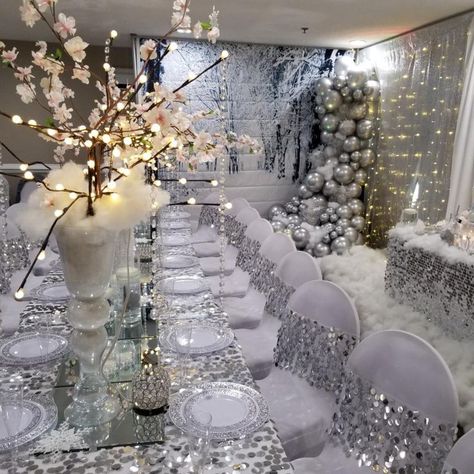 Silver And White Winter Wedding, White And Silver Winter Wonderland Party, Winter Wedding Table Decorations Silver White Christmas, Winter Party Tablescape, Silver And White Quinceanera Decorations, Winter White Theme Party, All White Winter Wonderland Party, Winter Wonderland 40th Birthday Party, Ice Decorations Winter