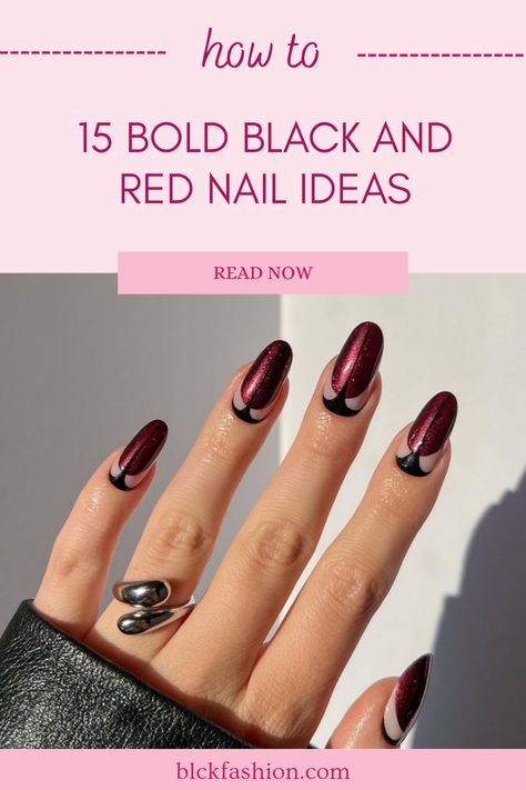 Explore these striking black and red nail design ideas that give your manicure an edgy look. Perfect for all occasions, this pin features 1 captivating image showcasing the boldness of black and red. Black Red Glitter Nails, Black Red And Gold Nails, Black And Red Nail Ideas, Simple Red Nail Designs, Black And Red Nail Designs, Red Nail Art Ideas, Red And Black Nail Designs, Edgy Nail Designs, Black And Red Nails