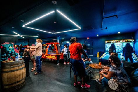 Cidercade is an Exhilarating Adult Arcade & Cider Bar with Waterfront Views of Downtown Austin | UrbanMatter Austin Modern Arcade, Arcade Bar, Cider Bar, Popular Beers, Lady Bird Lake, Riverside Drive, Dog Area, Bar Games, Downtown Austin