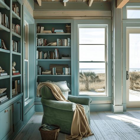 Pale Turquoise Coastal Reading Nook [Room Inspiration] Reading Nook Room, Luxurious Library, Coastal Color Scheme, Coastal Theme, Green Armchair, Pale Turquoise, Wallpaper Walls Decor, Living Room Windows, Cozy Reading Nook