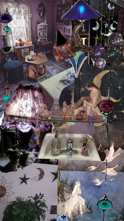 #whimsigoth #dreamroom #purple Purple Whimsigoth Bedroom, Purple Whimsigothic Bedroom, Whimsigoth Color Palette, Blue Whimsigoth Room, Whimsigoth Design, Whimsigoth House, Purple And Green Whimsigoth, Purple Whimsigoth, Whimsigoth Room