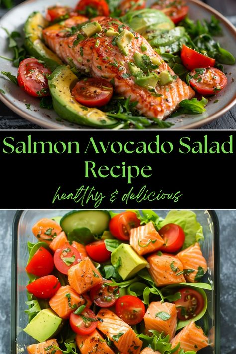 Discover a nutritious and delicious Salmon Avocado Salad recipe! This vibrant dish combines succulent salmon, creamy avocado, mixed greens, cherry tomatoes, and red onions, topped with a zesty lemon vinaigrette. Packed with omega-3s, fiber, and vitamins, it's perfect for meal prep, low-carb, keto-friendly, and gluten-free diets. Enjoy a refreshing blend of flavors and textures in every bite. Try it today to elevate your clean eating! Salmon Dinner Salad, Omega 3 Recipes, Salmon Avocado Recipes, Salmon Avocado Salad, 2024 Meals, Salmon Salad Recipes, Grilled Salmon Recipes, Avocado Salad Recipes, Salmon Avocado