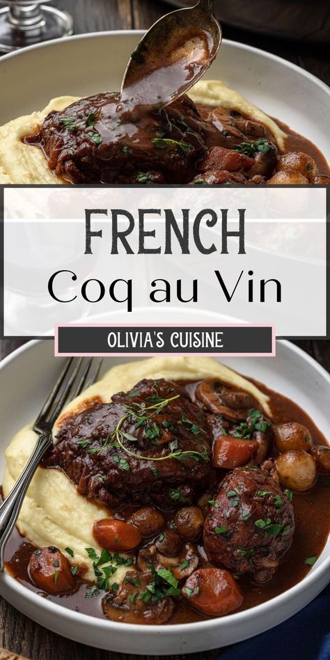 If you love authentic French recipes, you have probably tried the classic Coq au Vin. This braised whole chicken in wine is the perfect elegant dinner idea. Whether you need something for a dinner party, or you just want to step up your weekend meal game, this rich and decadent French stew recipe is for you. Easter Entrees, French Chicken Recipes, French Recipes Authentic, French Cuisine Recipes, French Cooking Recipes, Coq Au Vin Recipe, French Dishes, French Cooking, Cuisine Recipes