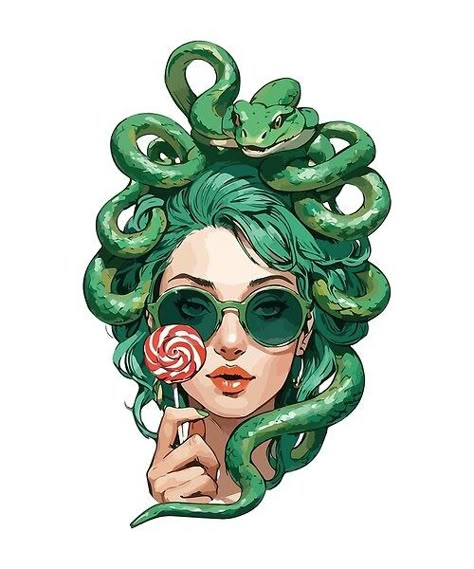 Discover the edgy charm of our modern Medusa wearing sunglasses and enjoying a lollipop. This contemporary and playful illustration brings a trendy twist to the mythical character. Medusa Profile Pic, Medusa Art Illustration, Medusa Illustration, Modern Medusa, Lollipop Art, Denim Painting, Medusa Sunglasses, Medusa Art, Playful Illustration