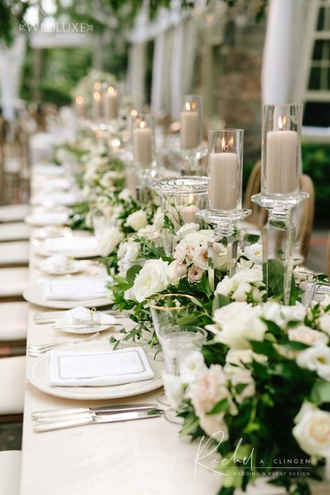 White Long Table Centerpiece, Romantic White And Green Wedding, Wedding Decor With Greenery, White And Green Wedding Flowers Long Table, White And Green Wedding Flowers Centerpieces, Clean And Classic Wedding, All White Wedding Reception Tables, Wedding Estate Table Decor, White And Glass Wedding Decor