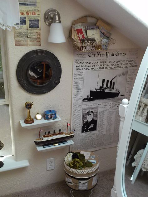 Titanic Bedroom Ideas, Titanic Themed Bedroom, History Bedroom Theme, Titanic Room Decor, History Themed Bedroom, Titanic Bathroom, Titanic Bedroom, Titanic Decor, Titanic Room