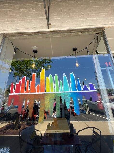 Rainbow Chicago skyline glass window mural Pride Window Painting, Pride Window Art, Chicago Pride, Window Mural, Chicago Skyline, Window Painting, Window Art, Casual Winter Outfits, Easy Paintings