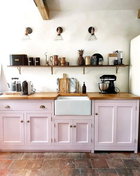 Pink Kitchen Cabinets With Butcher Block, Pink Wood Kitchen, Light Pink Kitchen, Navy Kitchen Walls, Periwinkle Kitchen, Fibro Shack, Mauve Kitchen, White And Timber Kitchen, Small Cottage Kitchens