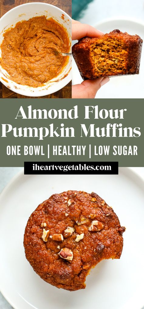 These almond flour pumpkin muffins are a deliciously healthy sweet treat! They're low in sugar but full of flavor. The almond flour gives these a uniquely light texture! Healthy Flourless Pumpkin Muffins, Whole30 Pumpkin Muffins, Best Healthy Pumpkin Muffins, Pumpkin Bread Using Almond Flour, Almond Flower Pumpkin Muffins, Almond Flour Low Calorie Recipes, Almond Flour Pumpkin Loaf, Almond Pumpkin Muffins, Vegan Almond Flour Desserts