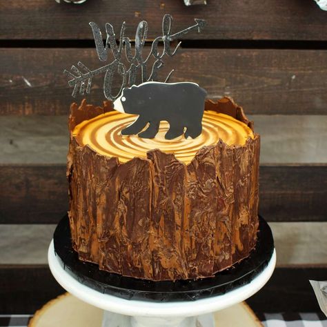 Ethan is a WILD ONE | CatchMyParty.com Wild One Birthday Party Ideas, Woodsy Cake, One Birthday Party Ideas, Police Birthday Cakes, Stump Cake, Tree Stump Cake, Mountain Cake, Birthday Wild One, Camping Cakes