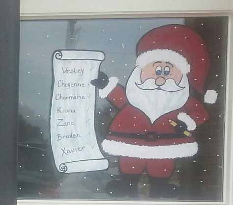 Window painting... Santa with his list. Daycare Window Decorations, Santa’s Workshop Door Decorating, Santa Window Painting, How To Window Paint For Holidays, Santa Claus Window Painting, Santa’s Work Shop Door Decor, Santa Peeking In Window, Santa Claus Drawing, How To Draw Santa