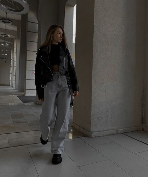 Wide Leg Washed Black Pants With Multiple Pockets, Black Denim Biker Jacket For Streetwear, Fall Black Denim Biker Jacket, Oversized Black Edgy Biker Jacket, Biker Jacket Outfit, Hailey Bieber Black Leather Jacket, Black Biker Jacket, Denim Flares, Wide Leg Denim