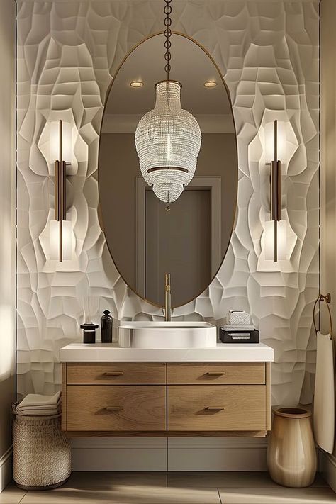 20 Amazing Powder Room Ideas - Remodr Powder Room White And Gold, Pendant Lights In Powder Room, Transitional Modern Powder Room, Chandelier In Powder Room, Modern Farmhouse Powder Bathroom, Modern Coastal Powder Room Ideas, Half Bath Remodel Ideas Modern, Powder Room Ideas Contemporary, Powder Bathroom Decor Ideas