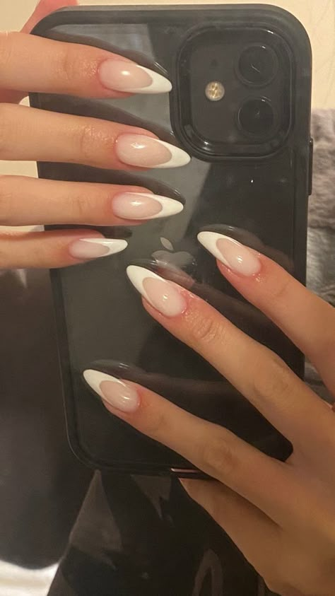 Deep French Almond Nails, Frenchies Nails, Trendy Almond Nails, Paznokcie Hello Kitty, Almond Gel Nails, Long Almond Nails, Kutek Disney, Girly Acrylic, Nail Looks