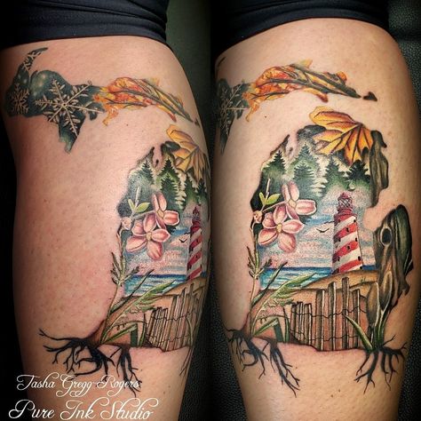 Fall Scenery Tattoo, Michigan Lighthouse Tattoo, Gulf Coast Tattoo Ideas, Michigan Themed Tattoos, Michigan Tattoo Ideas, Maine Tattoo Ideas, Great Lakes Tattoo, Michigan Tattoo, Maine Tattoo