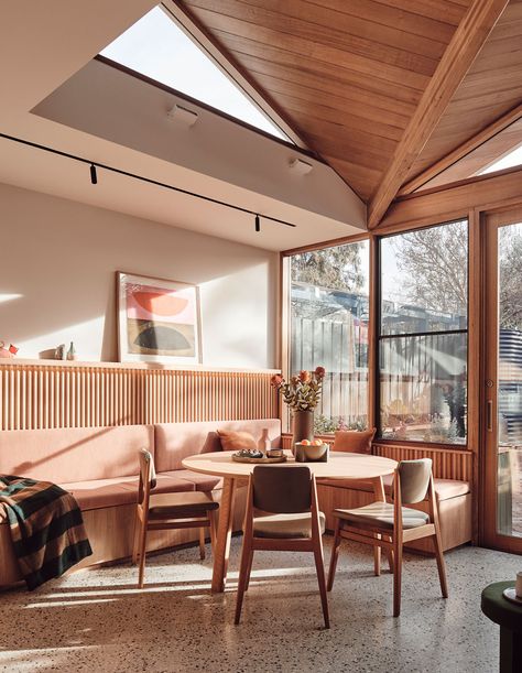 Oak Table And Chairs, Dining Room With Built Ins, Peaceful Interior, Corner Seating, Melbourne House, Built In Seating, Banquette Seating, Terrazzo Flooring, Built In Bench