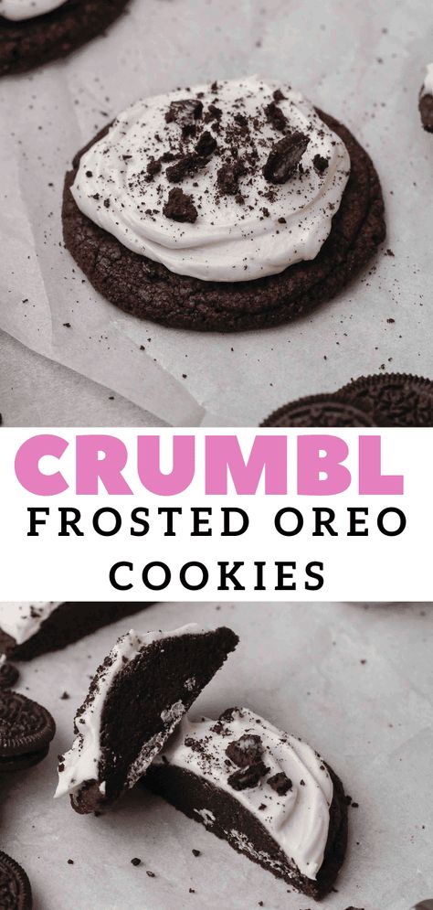 Crumbl chocolate Oreo cookies with buttercream frosting Copycat Recipe - Lifestyle of a Foodie Oreo Crumble Recipes, Crave Cookie Copycat, Crumbl Oreo Copycat, Crumble Oreo Cookie Copycat, Oreo Crumble Cookies, Crumbl Recipes, Chocolate Oreo Cookies, Cookies With Buttercream Frosting, Copycat Cookies