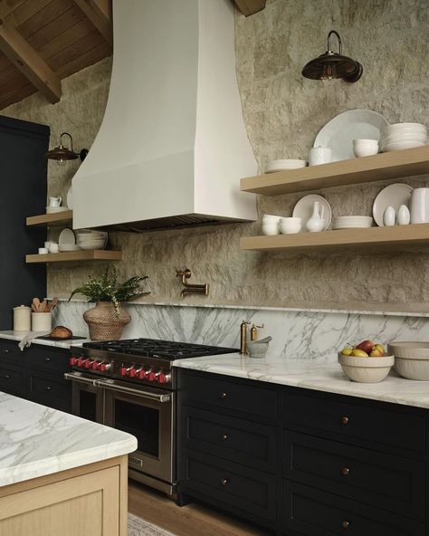 Allison Willson Design (@allisonwillson) • Instagram photos and videos Arcusstone Hood, Black Range In Kitchen, Limestone Hood Kitchen, Modern European Farmhouse Kitchen, Ski House Kitchen, Modern European Farmhouse, European Farmhouse Kitchen, Dream House Country, Wyoming House