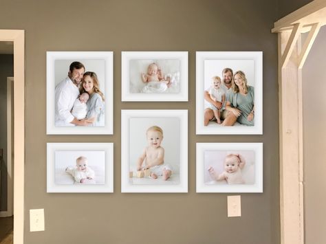 Newborn Photo Frame Ideas, Family Photo Wall With Shelves, Wall Photoframe Ideas, Simple Family Photo Wall, Family Picture Wall Ideas Dining Room, Family Wall Portrait Ideas, Family Photo Layout Wall, Newborn Gallery Wall, Family Portrait On Wall