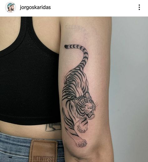 Crouching Tiger Tattoo, Tiger Arm Tattoo, Tattoo Ideas 2022, Open Tattoo, Tiger Tattoo Ideas, Circle Tattoo Design, Traditional Tiger Tattoo, Private Tattoo Studio, Rare Tattoos