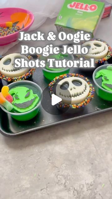 Johany Torres on Instagram: "Jack & Oogie Boogie Jello Shots Tutorial! 🖤💚

Perfect for Halloween parties! Can be made kid friendly or spiked for the adults! Find the recipe down below and all the links attached to my bio! 

What you’ll need: 
💚3 oz box of lime & black cherry @jello
🖤Black food coloring 
💚Jack & Oogie Boogie mold or cupcake rings (linked in bio under Amazon Store) 
🖤Mini gummy worms @trolli_usa 
💚Edible black food paint and paint brush for detailing on Jack & Oogie 
🖤Sprinkles or Pop rocks for the rim 
💚2 oz Jello Containers (Amazon Store 🔗 in bio) 

Directions: 
Follow Jello recipe on the box.
1 cup hot water 1 cup cold (for adults replace 1 cup cold water with spirit of choice vodka, tequila, rum, gin etc). Mix well. 
Optional, for the “black” jello I add the bl Birthday Jello, Black Cherry Jello, Jello Recipe, Black Food Coloring, Jello Mold, Jello Molds, Jello Recipes, Gummy Worms, Black Food