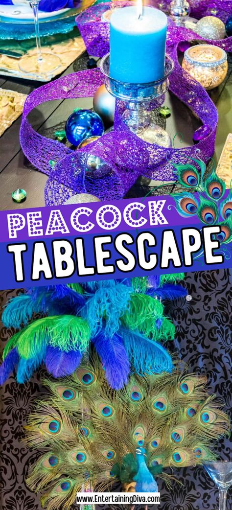 Peacock Tablescape | Table Settings Peacock Table Setting, Peacock Birthday Theme, Peacock Decorating Ideas, Peacock Tablescape, Peacock Party Theme, Peacock Party Decorations, Peacock Wedding Centerpieces, Peacock Birthday Party, Purple Napkins