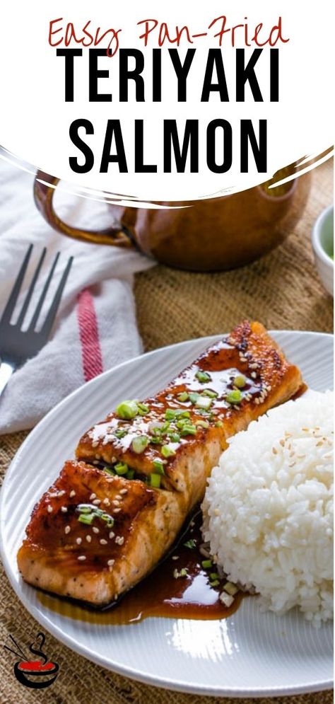 This easy and healthy Pan-Fried Teriyaki Salmon takes less than 30 minutes to put together but tastes just like it came straight from a Japanese restaurant. Seared salmon portions covered in a sweet homemade teriyaki sauce, topped with sesame seeds and chopped scallions. Teriyaki Fish, Salmon Recipe Pan, Salmon Teriyaki Recipe, Salmon Recipes Pan Seared, Asian Dinner, Healthy Asian Recipes, Pan Fried Salmon, Easy Japanese Recipes, Fried Salmon