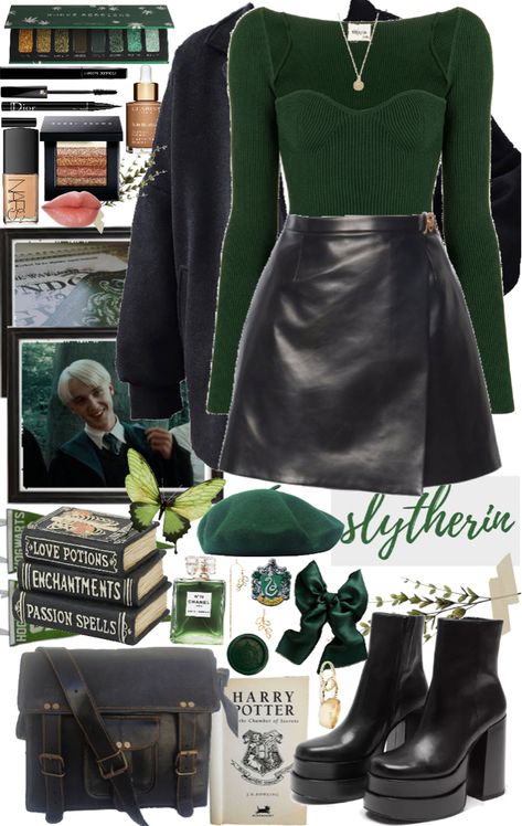 Slytherin Professor Outfit, Harry Potter Concert Outfit, Outfit For The Orchestra, Romeo And Juliet Aesthetic Outfits, Slytherin Style Outfits, Dark Green Winter Outfit, Witch Outfit Inspiration, Harry Potter Winter Outfits, Cute Hogwarts Outfits