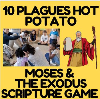 Kids will have fun reading scripture & learning about the 10 plagues of Egypt using the classic "hot potato" game!  Get kids excited to read from Exodus in a fun way! Kids focus on reading for meaning to find the missing words from the description of the 10 plagues.  Simple teacher instructions and an answer key are included so it's low prep for you!  To play, teachers will print out the 10 potatoes and the scripture below them.  Tape or glue the scripture (found just below the potato) to th Passover Games For Kids, Moses Games For Kids, Taco Spegetti, 10th Plague Of Egypt Craft, The 10 Plagues Of Egypt, Wednesday School, 10 Plagues Of Egypt, Hot Potato Game, Bible Study Activities