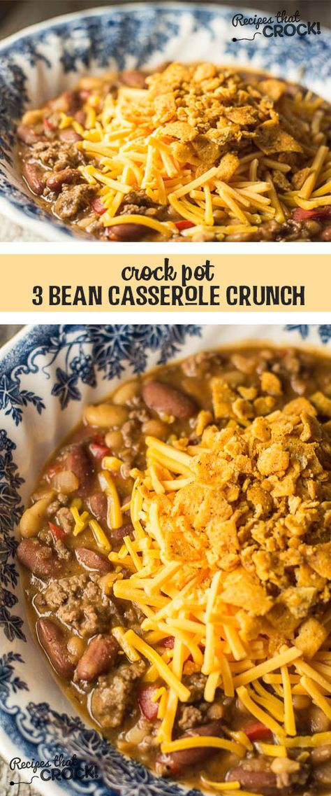 Crock Pot 3 Bean Casserole Crunch: Great meal on its own or perfect as a party side dish. Spice it up with Chili Cheese Fritos! Everyone will ask you for the recipe! 3 Bean Casserole, Pot Beans, Chili Cheese Fritos, Crock Pot Food, Crunch Recipe, Crock Pots, Crockpot Dishes, Spice It Up, Chili Cheese